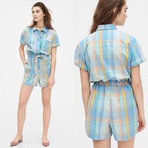 GAP NWT Women's Short Sleeve Plaid Romper 100% Cotton Tie Belt Pastel Geo sz 10